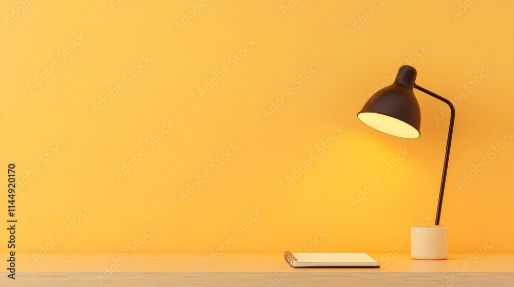 Poster Minimalist Workspace with Notebook and Desk Lamp Against Yellow Background