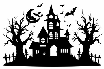 haunted halloween house line art silhouette vector illustration
