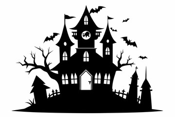 haunted halloween house line art silhouette vector illustration