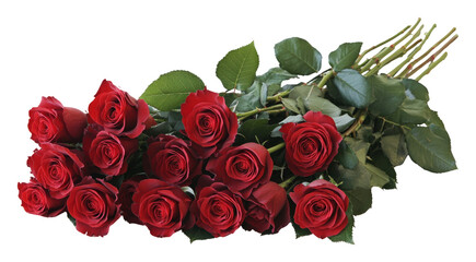Bouquet of vibrant red roses with green leaves