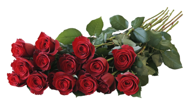 Bouquet of vibrant red roses with green leaves