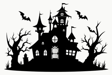 haunted halloween house line art silhouette vector illustration