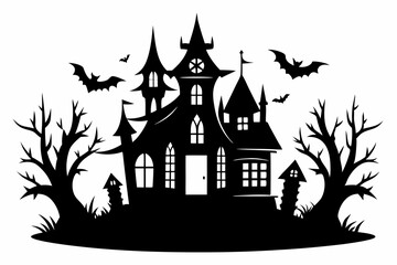 haunted halloween house line art silhouette vector illustration