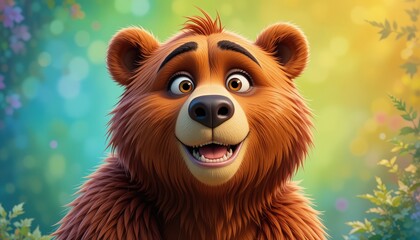 A cheerful bear brightens the lush landscape with its beaming smile, surrounded by colorful flowers and sparkling sunlight filtering through the trees, creating a magical atmosphere