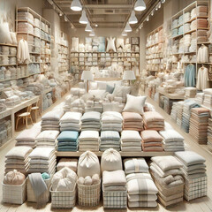 3D photo of a store filled with bedding such as sheets, pillows, bedspreads, blankets, etc.