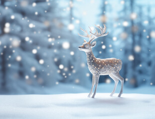 Christmas tree toy in the shape of a deer standing in the snowy winter forest scene against a light blue background with snowflakes and bokeh lights