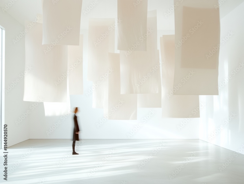 Poster dreamlike minimalism floating papers and blurred figures in serene space