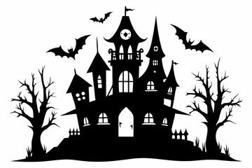 haunted halloween house line art silhouette vector illustration