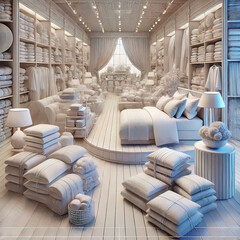 3D photo of a store filled with bedding such as sheets, pillows, bedspreads, blankets, etc.