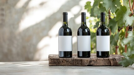 Three wine bottles with blank labels on rustic wood, vineyard background.