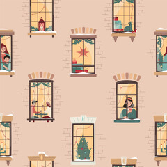 Seamless pattern with Christmas window decorated with lights, fir branches, pile of gift boxes with characters. Snowfall, warm Christmas or New Year atmosphere. Cozy winter evening illustration