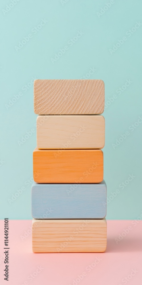 Poster Pastel Stacked Wooden Blocks Symbolizing Growth and Unity Against a Soft Background