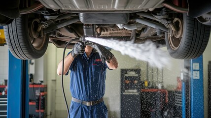 Mechanic Using Air Compressor to Clean Undercarriage of Car