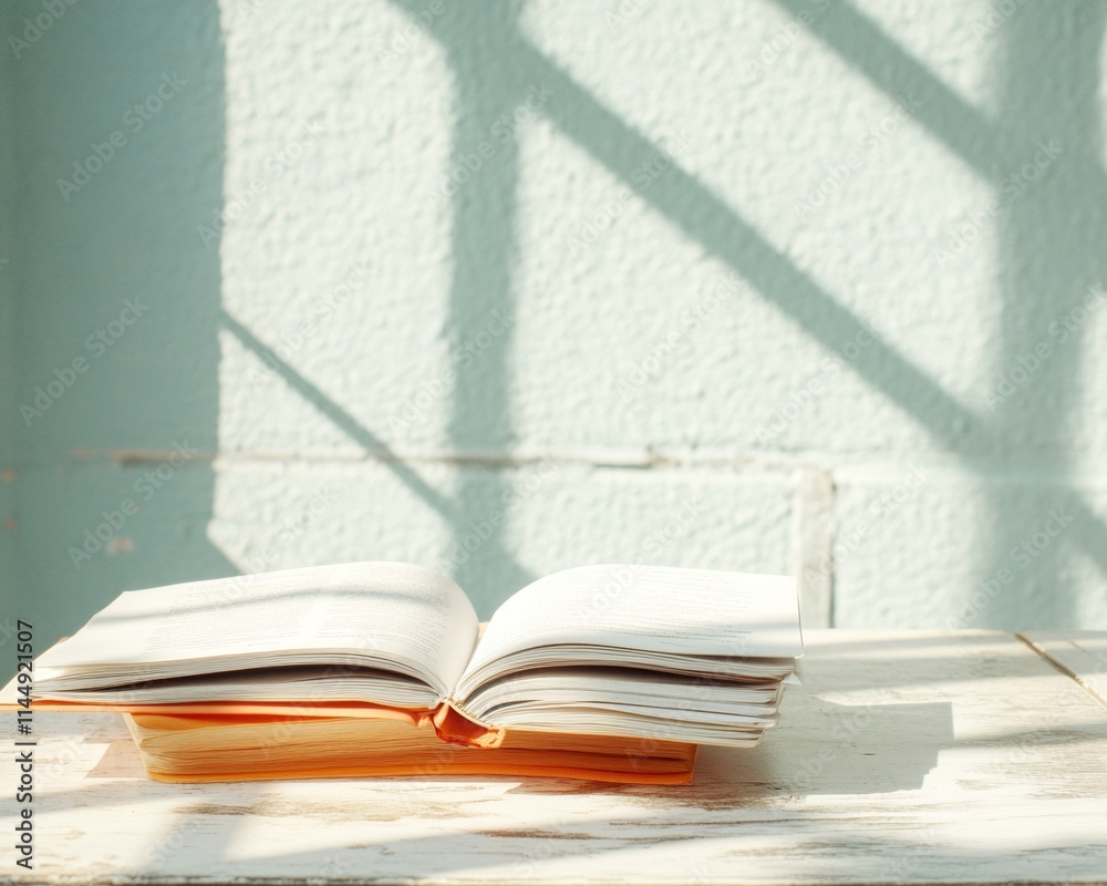 Poster sunlit study open textbook on a wooden table in a peaceful library setting