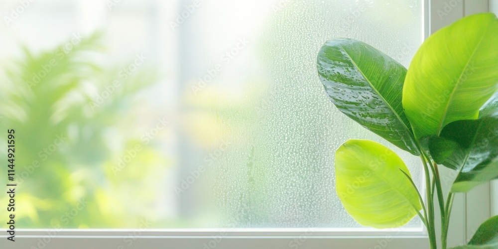 Canvas Prints Serene Botanical Display with Dew-Kissed Leaves in Sunlit Terrarium