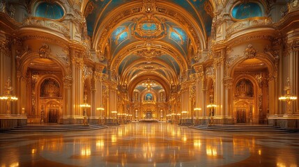 Obraz premium Ornate interior of a grand hall with golden accents.