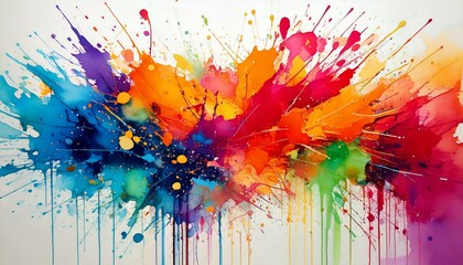 Watercolor ink splatters forming colorful, chaotic patterns on a white background isolated on white with copy space