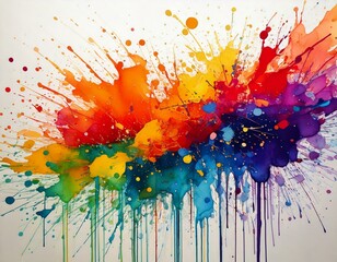 Fototapeta premium Watercolor ink splatters forming colorful, chaotic patterns on a white background isolated on white with copy space
