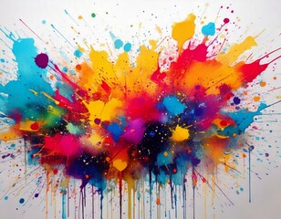 Fototapeta premium Watercolor ink splatters forming colorful, chaotic patterns on a white background isolated on white with copy space