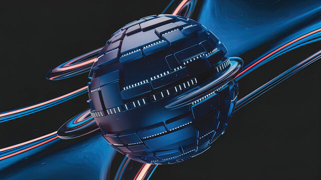 dark blue technosphere on black and blue background. Fascinating interplay of light and shape