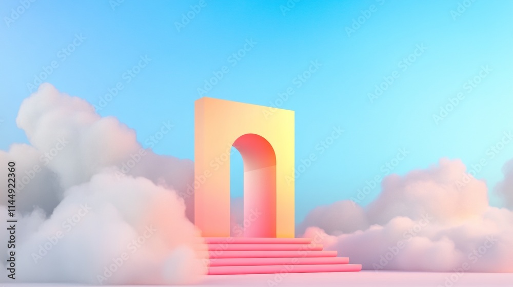 Poster surreal pastel architecture with stairway amidst clouds