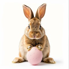 Cute brown bunny holding a pink easter egg with its paws on a white background