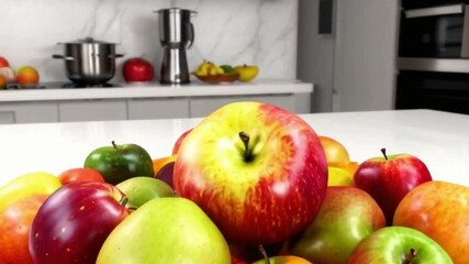 A 3D apple colliding with fruits creating a smoothie splash in a lively kitchen with fresh produce or a dynamic fruit smoothie splash