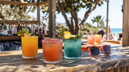 Vibrant Summer Cocktails on Beach Bar with Refreshing Drinks