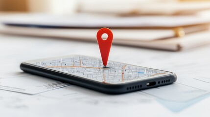 Fototapeta premium Modern black smartphone with a red map marker icon on its map interface, highlighting geolocation, real time navigation, and technology integration for seamless travel