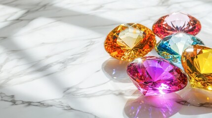Colorful Brilliant Gems on a Marble Surface with Shadows