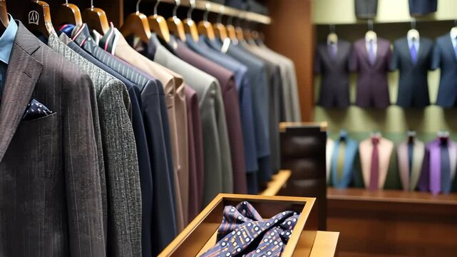 Luxury suit in shop, accessories. Man clothes store. Elegant and luxurious men's clothing garment. Classic suits, tie, necktie. Male shirts hanging in a row on clothing rack. Men's beauty, fashion.