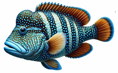 Vibrantly colored striped fish with striking blue spots and orange fins swimming gracefully.