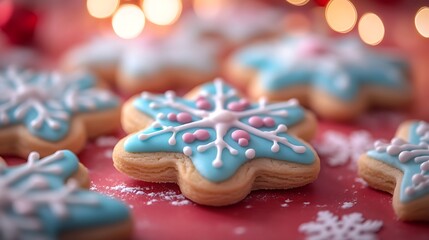 A close-up of holiday cookies shaped like snowflakes and stars with icing on a red background