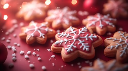 A close-up of holiday cookies shaped like snowflakes and stars with icing on a red background