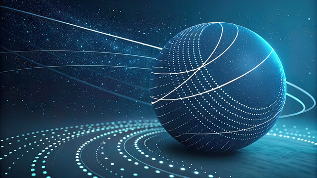 dark blue technosphere on black and blue background. Fascinating interplay of light and shape