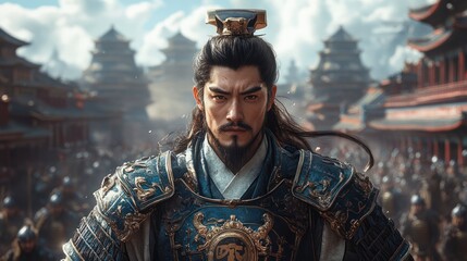 A stern warrior in ornate armor stands before an army and ancient city.