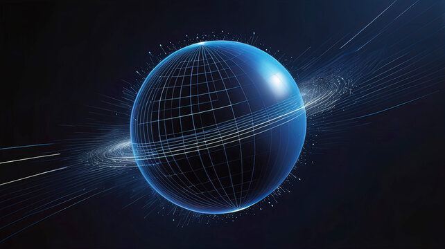 dark blue technosphere on black and blue background. Fascinating interplay of light and shape