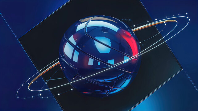 dark blue technosphere on black and blue background. Fascinating interplay of light and shape