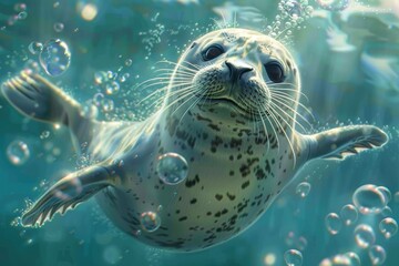 Fototapeta premium Cheerful seal enjoying bubble fun underwater