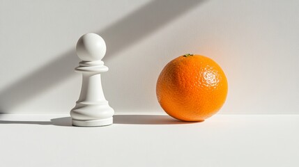 An orange placed next to a white chess piece. Side lit with white background and shadows.