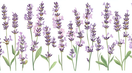 Naklejka premium A high-definition portrayal of lavender sprigs, soft pastel purple hues blending with delicate green stems, meticulously detailed and set against a seamless white background. The composition highlight