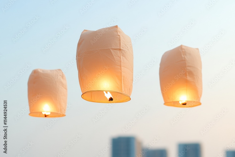 Poster sky lanterns floating at dusk tranquil evening festival with soft light trails