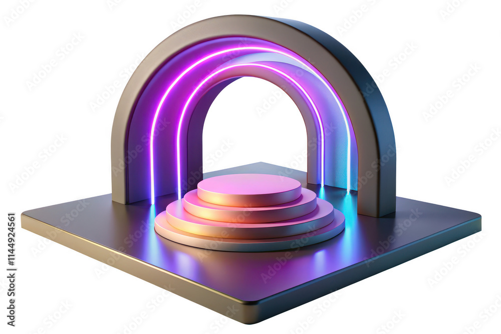Aufkleber Colorful 3D rendered archway with illuminated pillars leading to a circular platform in a futuristic environment