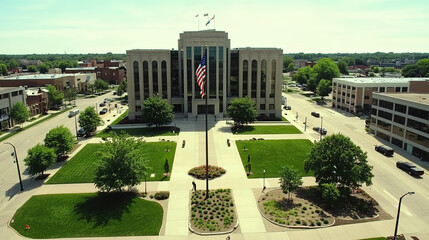 Obraz premium Courthouse building exterior with classical architecture, symbolizing justice and order in society. Timeless design reflecting the importance of legal systems and civic responsibility.