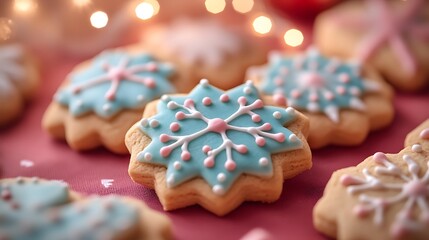 A collection of freshly baked Christmas cookies with icing arranged on a red tablecloth