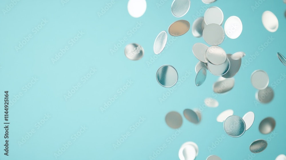 Poster floating metallic circles on blue background abstract financial concepts in modern art