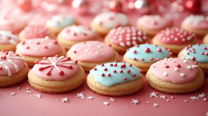 A festive collection of sugar cookies decorated with red and white icing arranged on a red surface