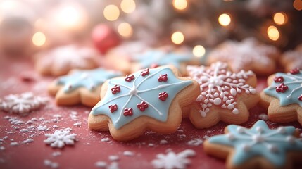 A festive collection of sugar cookies decorated with red and white icing arranged on a red surface