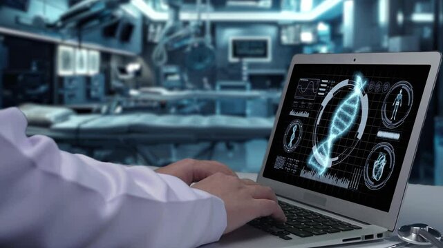 Close up of skilled medical worker typing laptop with DNA analyzing screen. Professional doctor checking and examine genetic pattern and preparing for curing genetic disorder. Technology. Remedial.
