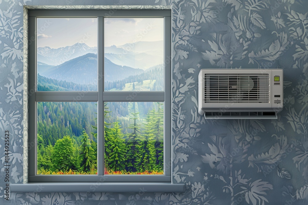 Leinwandbilder air conditioner mounted on wall beside open window with stunning view of mountains and trees in sere